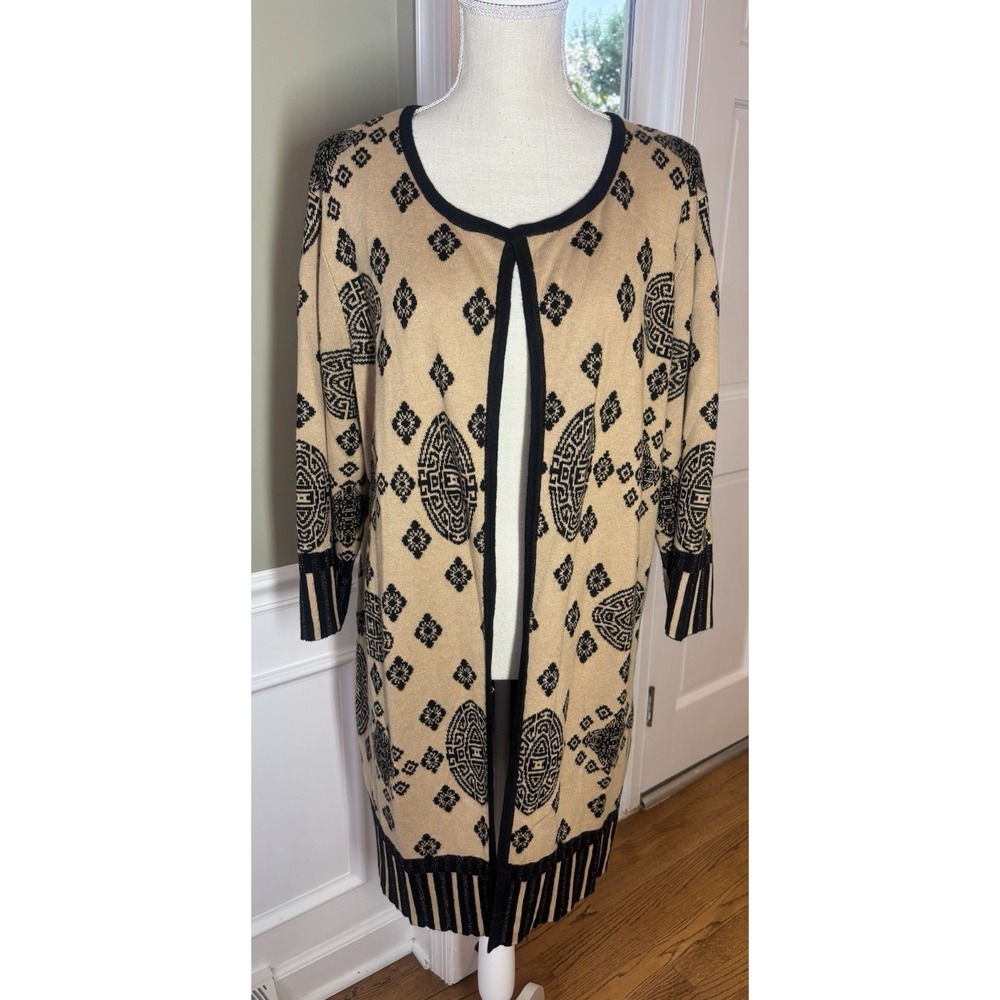 Chico's Cotton blend Black and Tan Patterned Cardigan Size‎ 2 Large Long